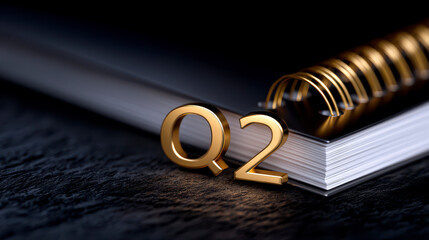 Close up of white notebook with alphabet Q2 on office desk. Second quarter concept. A pristine white journal displaying the second quarter designation rests on a workspace surface