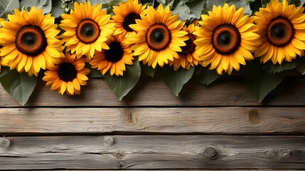 Obraz premium Vibrant Sunflowers on Rustic Wooden Surface for Natural Background