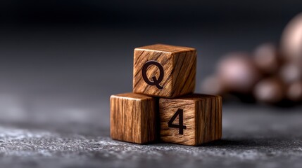 From 3rd to 4th quarter symbol. Turned wooden cubes and changed words Q3 to Q4 . Beautiful grey table grey background. Business happy 4th quarter Q4 concept copy space. Celebrating
