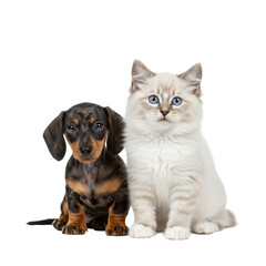 Young ragdoll kitten with fluffy white and light grey fur, bright blue eyes, sitting calmly beside a short-haired dapple dachshund puppy with black and brown brindle fur, on a transparent studio