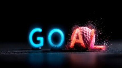 Golf ball Q.4 goal hitting with digital goal and dynamic powder explosion effect on black background. High impact digital visualization showcasing a sphere striking a virtual