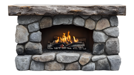 Rustic stone fireplace with burning logs isolated on transparent background