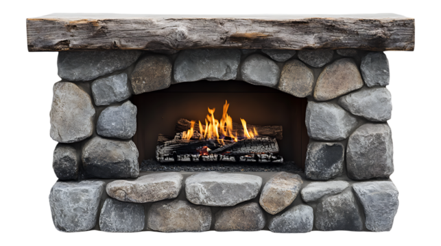 Rustic stone fireplace with burning logs isolated on transparent background