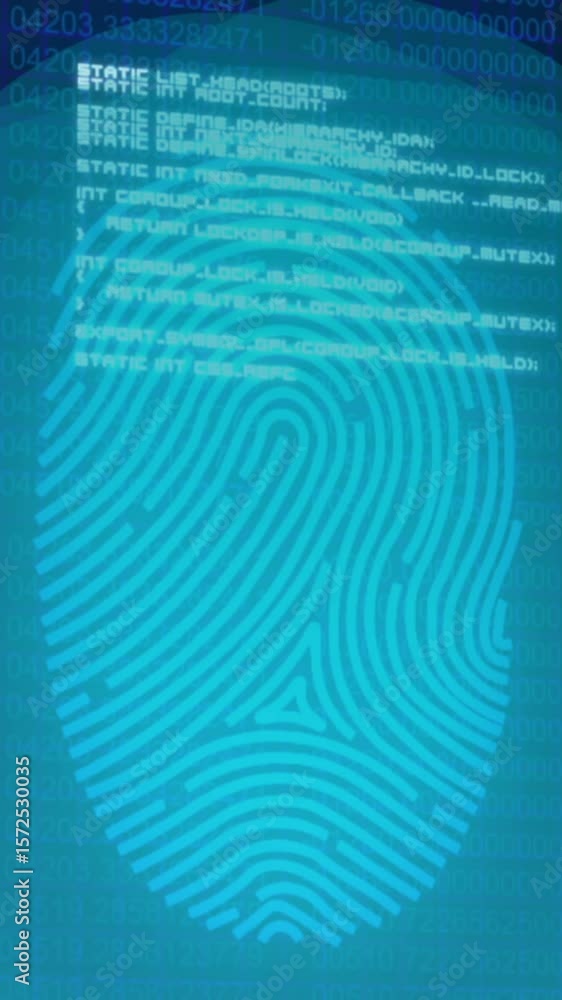 Aufkleber animation of data processing and fingerprint over binary code on navy background