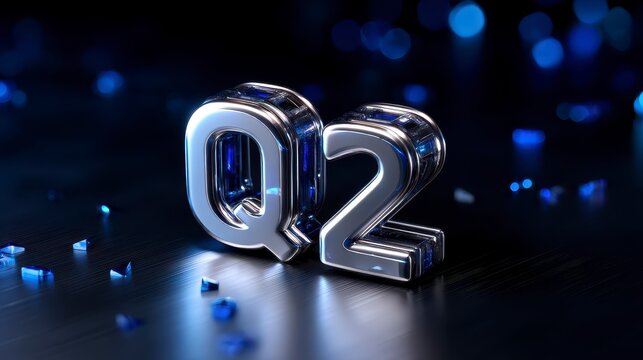Q2 label quarter 2 abbreviation. 3D shiny chrome Y2K futuristic typography with silver metallic and glass aesthetic design. Perfect for calendars planner weekly monthly yearly projects.