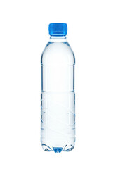 Naklejka premium A sleek transparent plastic bottle filled with pure clear drinking water, featuring a vibrant blue ribbed screw cap, presented against a pristine plain white background with perfect studio lighting,