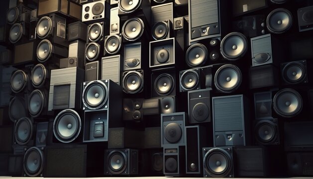 A large stack of music audio speakers 