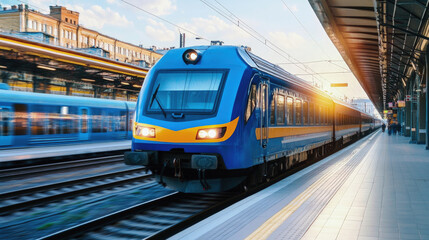 Modern blue train arriving at city station platform during sunrise, with motion blur and glowing lights, symbolizing urban travel and transportation infrastructure.
