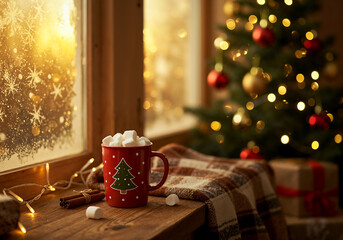 Cozy Christmas Morning Scene with Hot Cocoa, Frosted Window, and Holiday Lights in Warm Rustic Setting