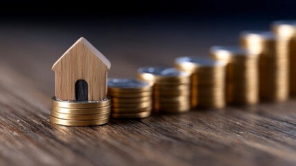 Wooden house model displaying q3 growth over coins and graph. Miniature dwelling showcasing upward financial trend via currency and chart visualization.