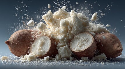 Tapioca Delight: A Captivating Still Life of Fresh Cassava and Flour Explosion