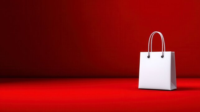 White shopping bag on red background minimalistic design. A clean aesthetic image showcasing a pristine white carryall against a vibrant backdrop ideal for online retail