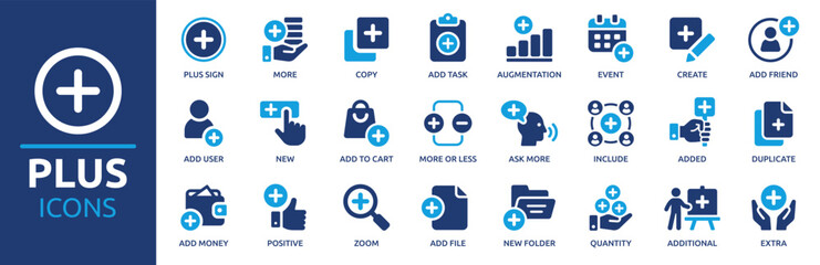 Fototapeta na wymiar Plus sign icon set. Containing add, more, new, copy, augmentation, positive, create, zoom and more. Solid vector icons collection.