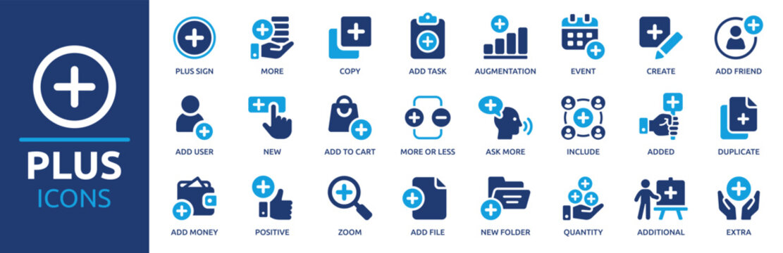 Plus sign icon set. Containing add, more, new, copy, augmentation, positive, create, zoom and more. Solid vector icons collection.