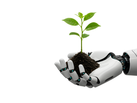 A robotic hand gently holding a seedling or connecting with a tree-formed hand — symbolizing harmony between technology and nature. Isolated on white or a transparent background.

