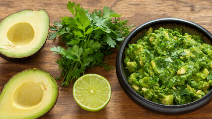 Homemade guacamole in a bowl on a wooden table with the main ingredients shown: avocado, lime, and a bunch of coriander. 