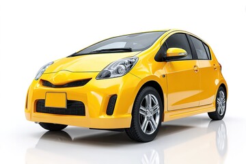 Naklejka premium A compact hatchback car in bright yellow isolated on a white background, no shadow, showroom angle