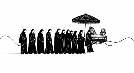 Solemn procession of monks carrying coffin with umbrella.