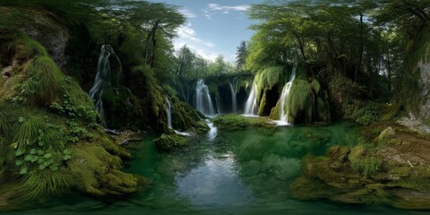 Naklejka premium Nature waterfall adventure in hdr 360 degrees serenity in hdri