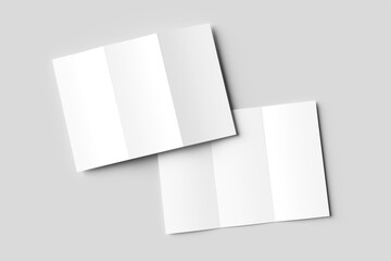 Two blank white tri-fold brochure mockups, slightly overlapping on a light gray background. One is...