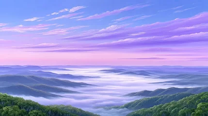 Gordijnen Misty Mountain Ridge at Sunrise with Purple Sky © Bitya