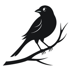 A stylized black silhouette of a small bird perched on a bare tree branch against a clean white background