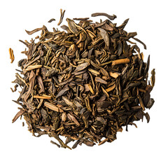 Obraz premium Overhead shot of loose leaf tea pile on a plain black background studio