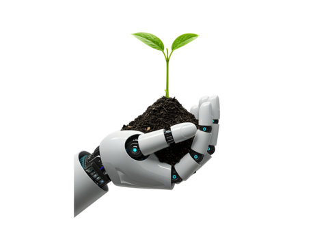 A robotic hand gently holding a seedling or connecting with a tree-formed hand — symbolizing harmony between technology and nature. Isolated on white or a transparent background.

