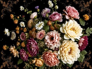 Vintage Flowers on Dark Fabric - Ornate Floral Pattern
