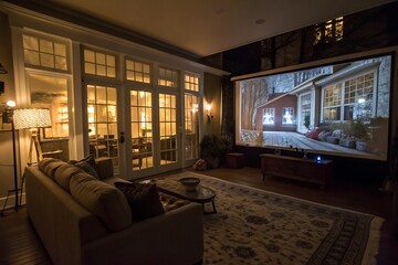 Cozy living room with projector screen displaying a winter scene at night