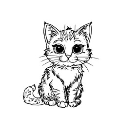 A cat with a fluffy tail, a sketch in black and white ink. Vector illustration. Funny kitten, isolated on a white background. Simple style drawing for postcards, children's decor, textiles