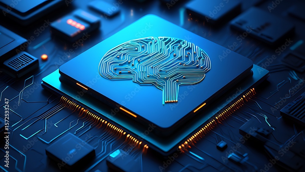 Poster artificial intelligence circuit board with brain design, futuristic technology brain power machine l