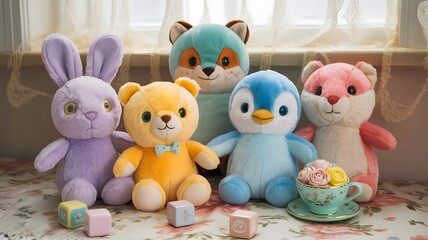 Pastel Plush Toy Friends with Tea Cup and Blocks on Floral Table