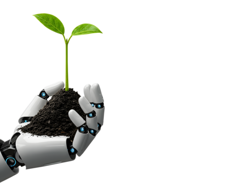 A robotic hand gently holding a seedling or connecting with a tree-formed hand — symbolizing harmony between technology and nature. Isolated on white or a transparent background.

