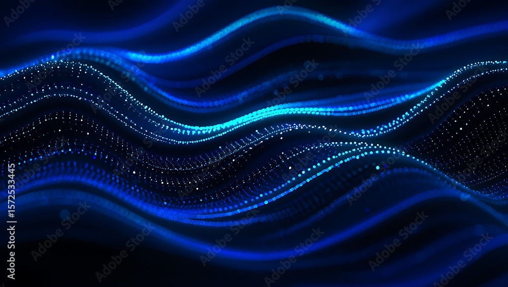 Poster abstract blue light wave background with glittering particles, dynamic blue wavy lines with sparklin