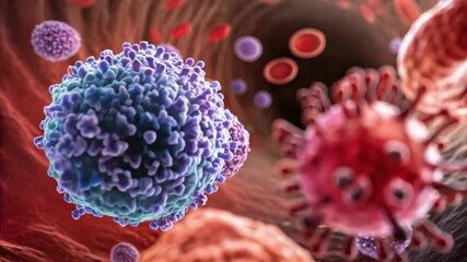 Immunotherapy advances cancer research with detailed 3D illustration of blood cells and virus particles bloodstream