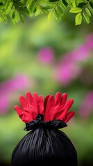 Red Rubber Gloves and Black Trash Bag in Lush Green Nature