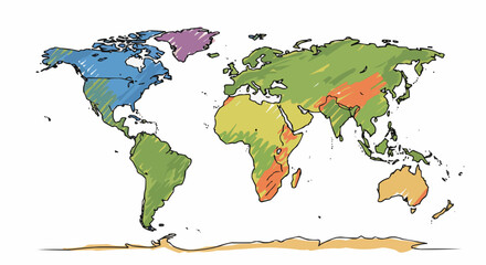 Obraz premium A vibrant hand-drawn world map showcasing the diversity of our planet.