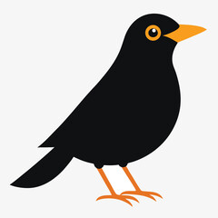 A stylized illustration of a blackbird with bright orange beak and legs standing alert against a clean white background showcasing its simple yet distinctive silhouette