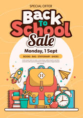 Back to school sale vector poster background with school elements and items. Education banner and poster. Vector illustration