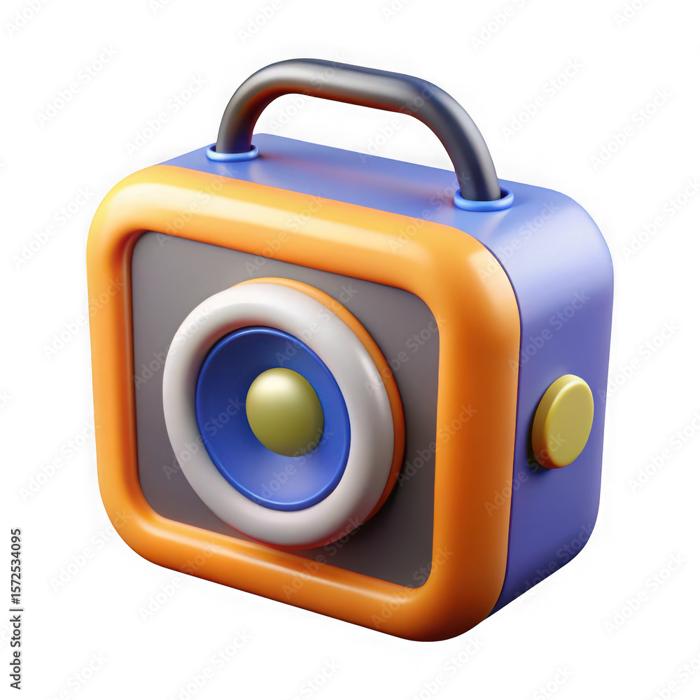 Poster retro portable boombox speaker with a handle and a large speaker cone in vibrant blue and orange iso