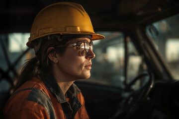 Intense portrait of woman in yellow hard hat and reflective glasses inside vehicle. Low light, focused gaze shows dedication to hard work.