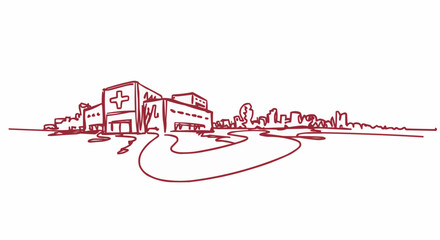 Obraz premium A simple illustration of a hospital building with a surrounding area.