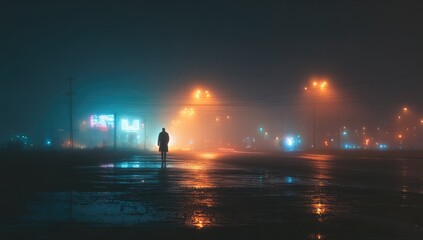 Foggy night street, lone figure