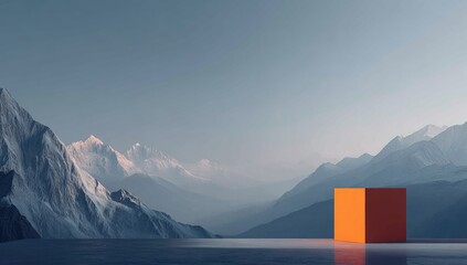 Orange cube in a serene mountain landscape
