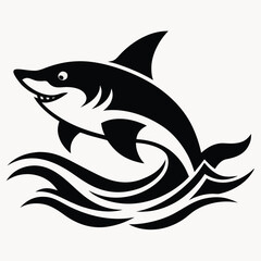 Playful black and white shark leaping from stylized waves a dynamic ocean predator illustration