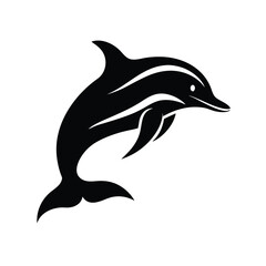 Stylized silhouette of a black dolphin leaping gracefully against a white background