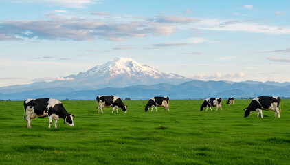 Cows grazing on green field with snowy mountain background
