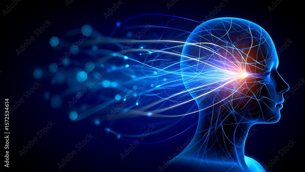 Poster neurological pathways radiating from a human head, representing thought processes and knowledge, a v