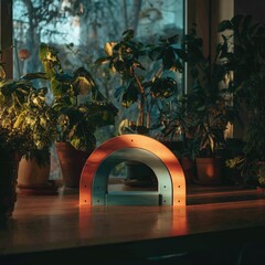 Wooden rainbow arch on a windowsill, plants